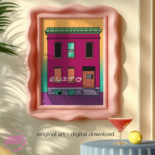 PRINTABLE Pink Abandoned House Artwork, Maximalist Indie Print, Retro Eclectic Wall Art, Dopamine Decor